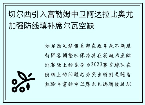 切尔西引入富勒姆中卫阿达拉比奥尤加强防线填补席尔瓦空缺