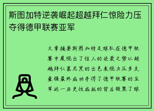 斯图加特逆袭崛起超越拜仁惊险力压夺得德甲联赛亚军